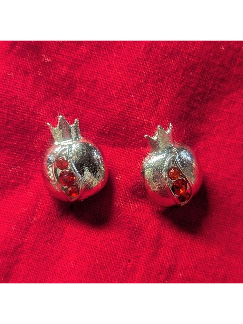 Earrings--Red Pomegranate Posts--silvery